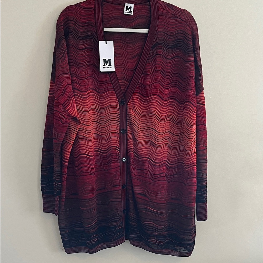 Missoni Wavy Knit Cardigan Sweater Red NWT M Textured Luxury Quality V‎ Neck